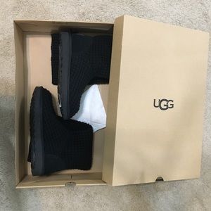 Black UGG tall knit boots with gold latches